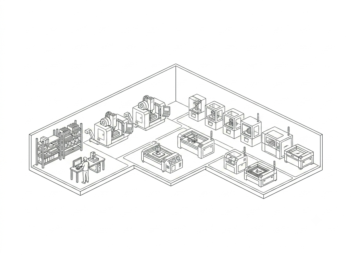 Atelier numérique avec machines CNC et imprimantes 3D